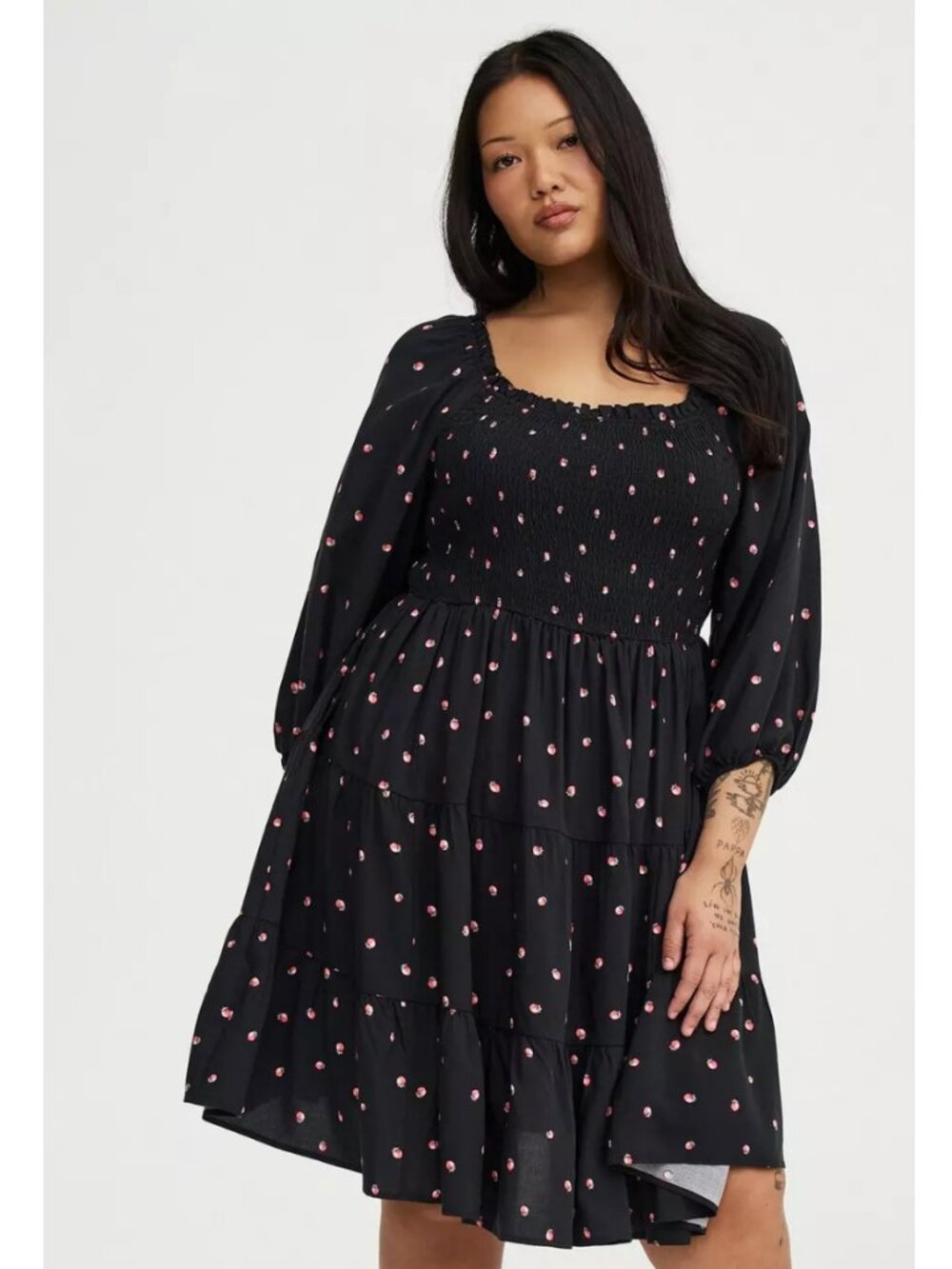 NWT Torrid 1 Strawberry Black Smocked Bodice Mini Dress 1X 14 16 - Picture 2 of 11